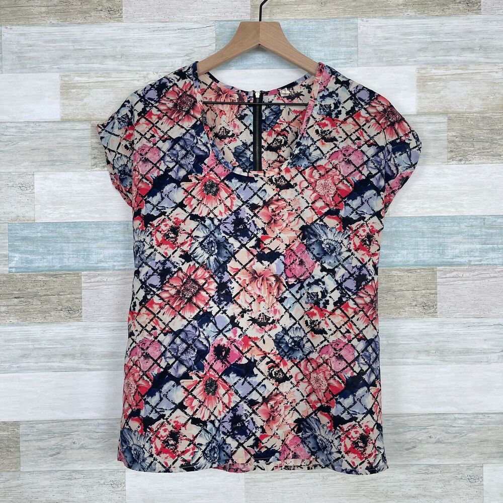 Japna Floral Grid Print Woven Top Pink Blue Exposed Back Zipper Casual Womens XS
